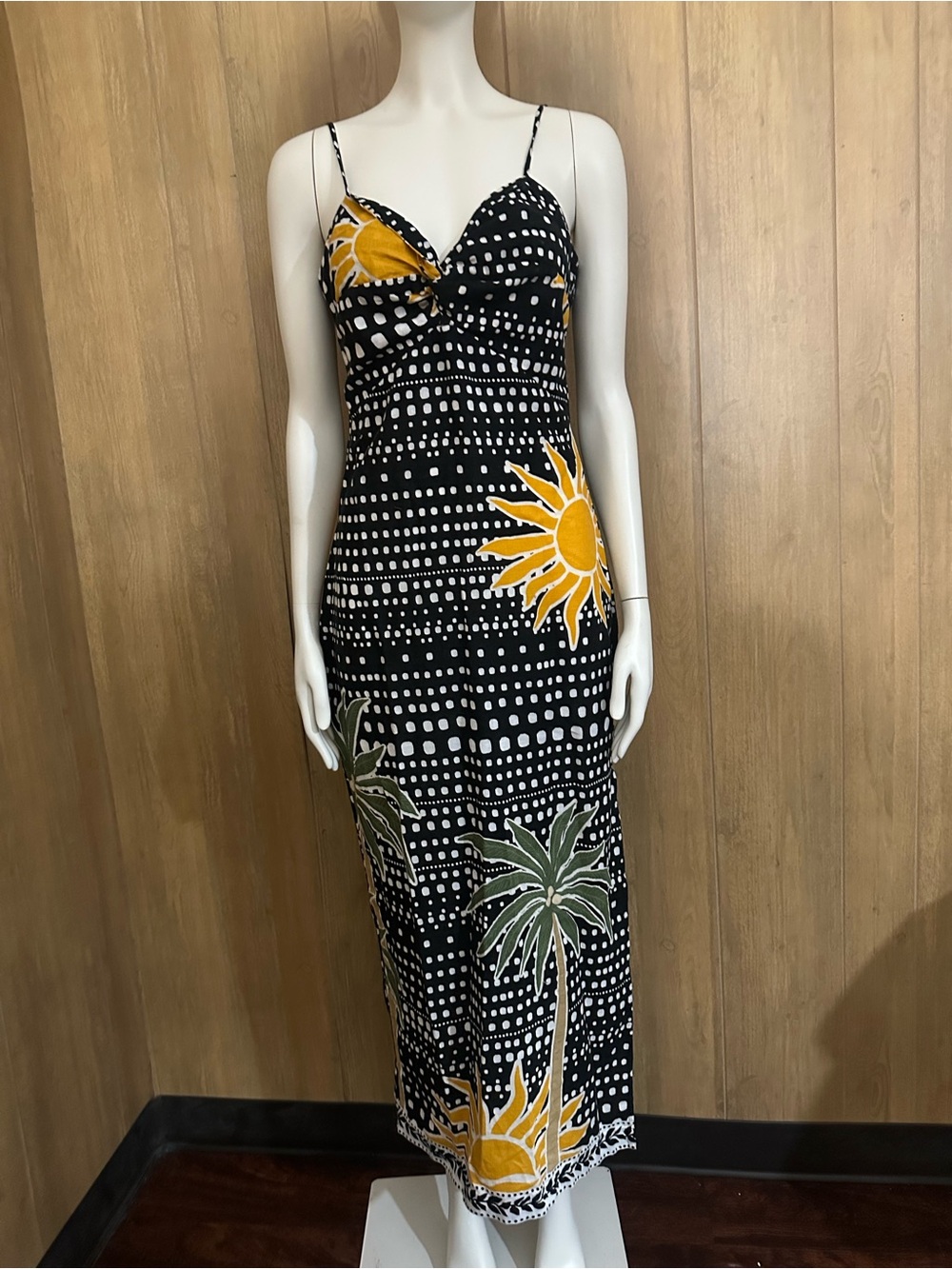 LOFT Linen blend Black Maxi Slip Dress with Yellow Sunburst & Green Palms